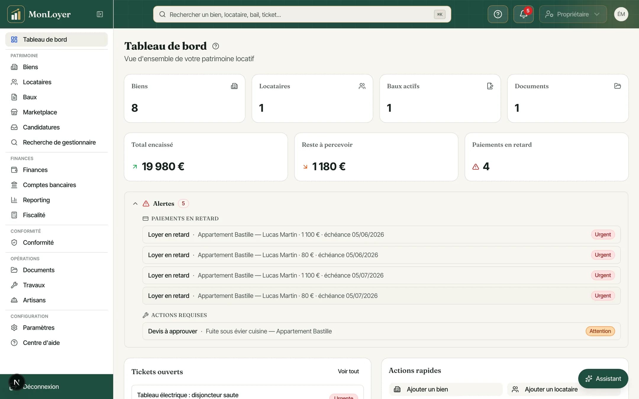 Tableau de bord MonLoyer : synthèse des loyers, actions requises et indicateurs du portefeuille